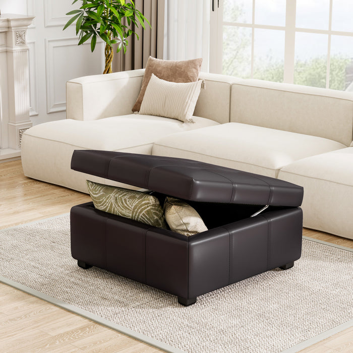 Liam 34.25\" Large Square Faux Leather Ottoman Coffee Table with Storage,Chocolate
