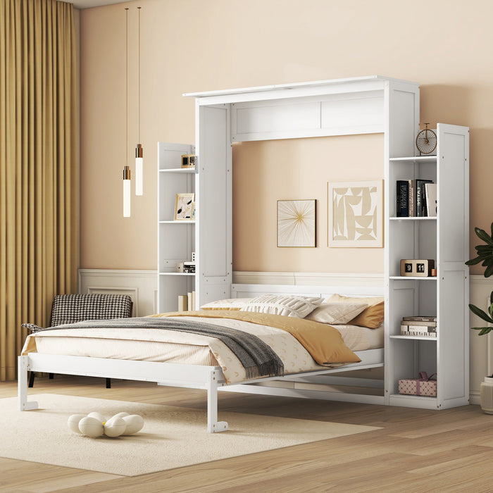 Aiden Murphy Bed with Shelves and LED Lights,Queen Size,White Queen Bed