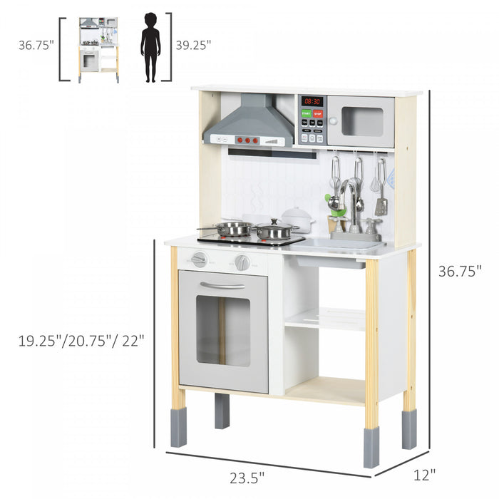 Qaba Wooden Play Kitchen With Realistic Lights Sounds, Adjustable Height Kids Kitchen Playset With Microwave, Fun With Friends, Range Hood, Cooking Accessories,gift For 3-6 Years Old, White