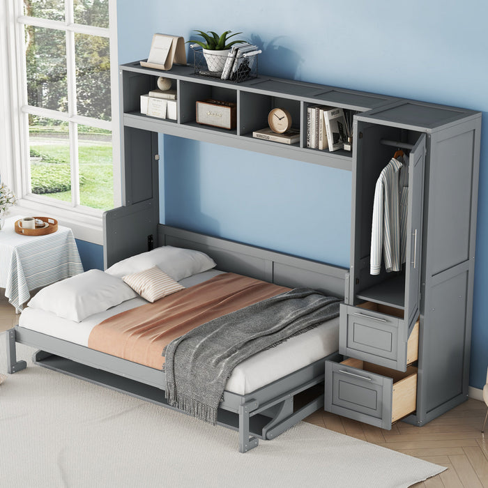 Dennis Engineered Wood Full Murphy Bed With Shelves And Drawers, Grey