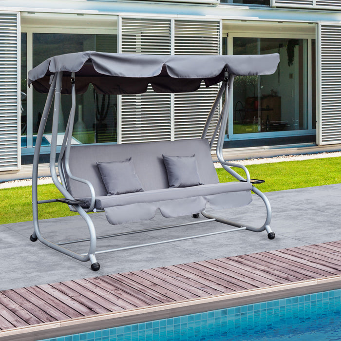 Outsunny 3-seat Outdoor Patio Swing Chair, Converting Flat Bed, Canopy Swing With Adjustable Shade, Removable Cushions, Cup Holder, Grey