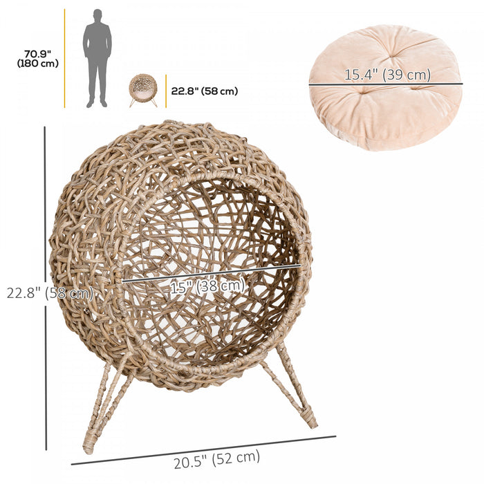 Pawhut Rattan Cat House, Wicker Kitten Bed With Cushion, Elevated Pet Bed For Indoor Cats, Natural Wood