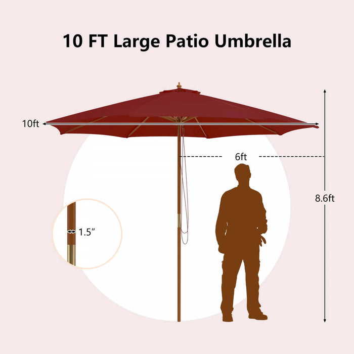 Costway 10FT Patio Wooden Market Table Umbrella Pulley with 8 Bamboo Ribs Sunshade Canopy Wine