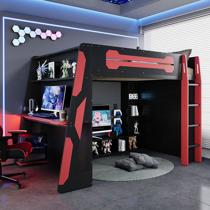 Olivia Wood Loft Bed with Desk and Multi-storage Shelves,RGB Light,Red Full Bed
