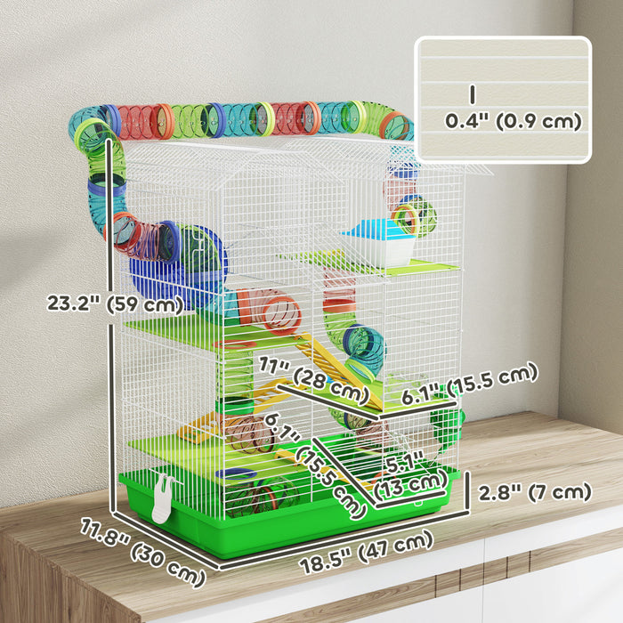 Pawhut 18.5\" Hamster Cage, 5 Tiers Small Animal House With Tunnel Tube System, Exercise Wheel, Water Bottle, Food Dish, Ramp, Green