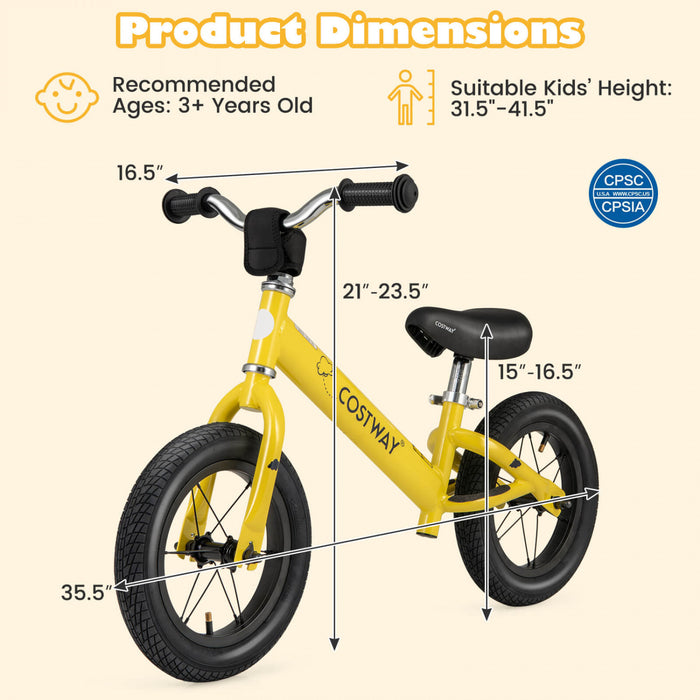 Costway 12 Inch Toddler Balance Bike No Pedal Training Bicycle With Inflatable Rubber Tires Yellow