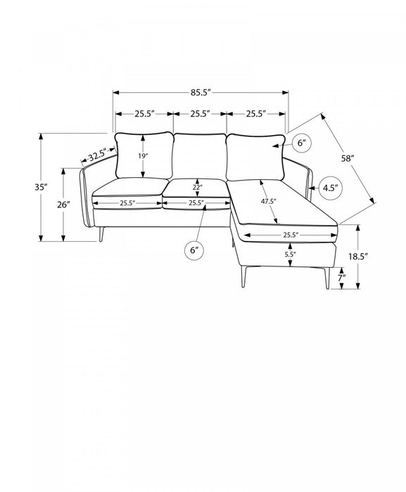 Upholstered Chaise Sofa Lounger, 85\" Wide, Black Fabric, Black Metal Legs Sofa