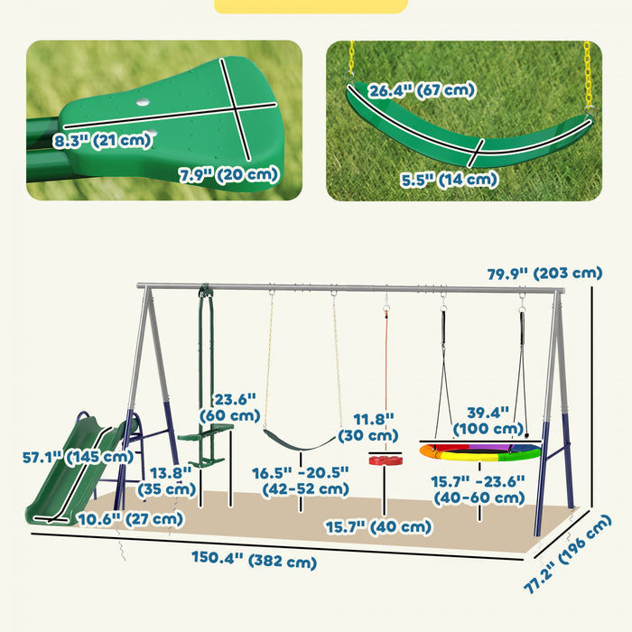 Qaba 5-in-1 Swing Sets for Backyard, 770lbs Capacity Metal Outdoor Playset with A-Frame, Slide, Saucer Swing, Belt Swing, Glider and Standing Swing, Adjustable Height, Multicolour
