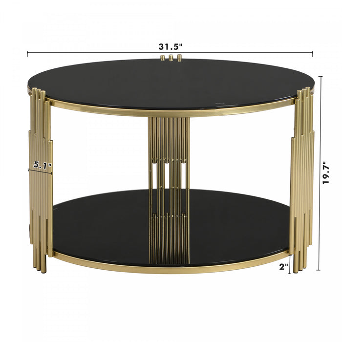 Nancy 31.5\" Round Mirror Coffee Table With Lower Shelf, Black