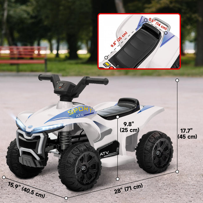 Qaba Kids Atv, 6v Battery Powered Ride-On Electric Vehicle With 1.6mph Max Speed, Headlights, Music, Forward/reverse Switch, 4 Wheeler Ride On Toy For 18-36 Months, White