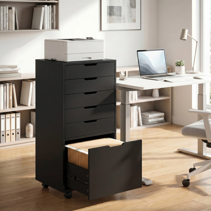 HOMCOM 6 Drawer Vertical File Cabinet with Lockable Wheels, Black