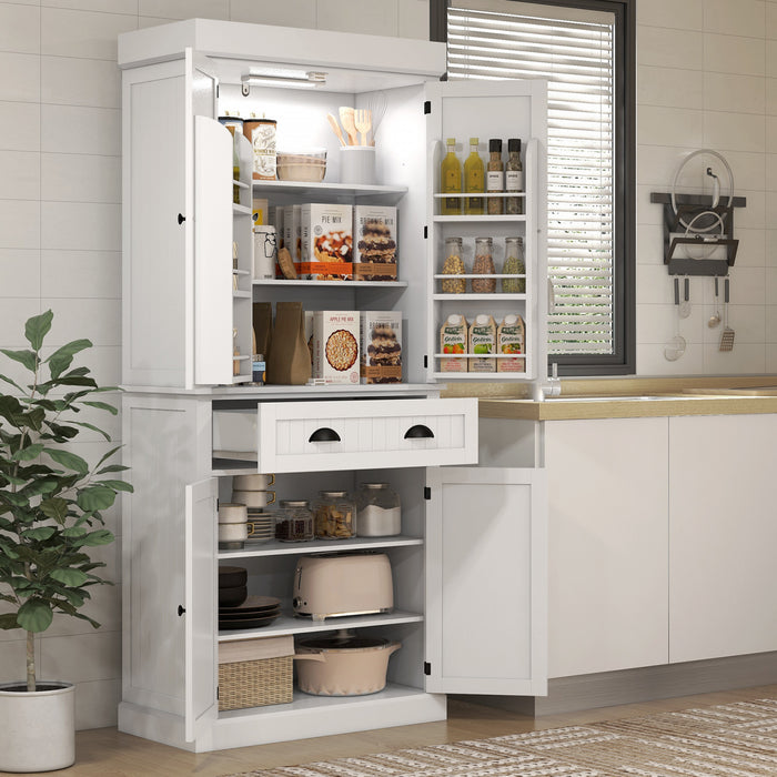HOMCOM 71\" Kitchen Pantry Cabinet with Spice Racks and LED Lights, White