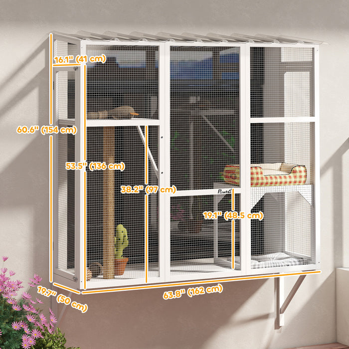 PawHut Catio Outdoor Cat Enclosure, Cat Window Box for 2-3 Cats with 2 Jumping Platforms & Scratching Post, Expendable Secure Window Perch House for Large Indoor Cats, White