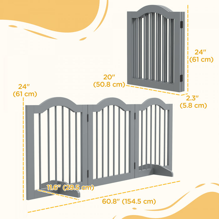 Pawhut Freestanding Pet Gate For Dogs 24\" Tall Foldable Dog Gates Indoor Wooden Barrier 3 Panels With 2 Support Feet, For Doorway Stairs, Light Grey