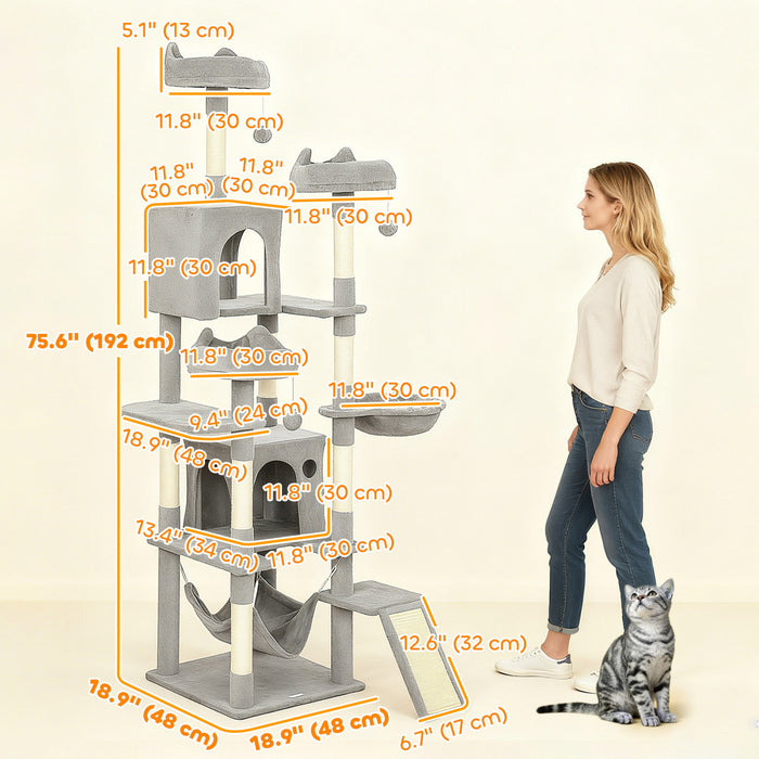 PawHut Cat Tree, 76 Inches Large Multi-Level Cat Tower for Indoor Kittens with 8 Scratching Posts, 3 Plush Beds, 2 Hammocks, 2 Large Condos, Ramp, Pompoms, Light Grey