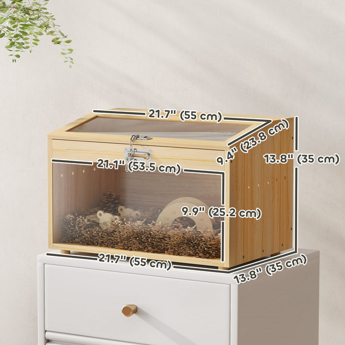 Pawhut 22\"l Hamster Cage, Small Animal Cage With Openable Top & Transparent Acrylic Windows, Hamster Enclosure With Hut, Seesaw, Ladder, For Dwarf Hamster, Gerbil, Natural Wood