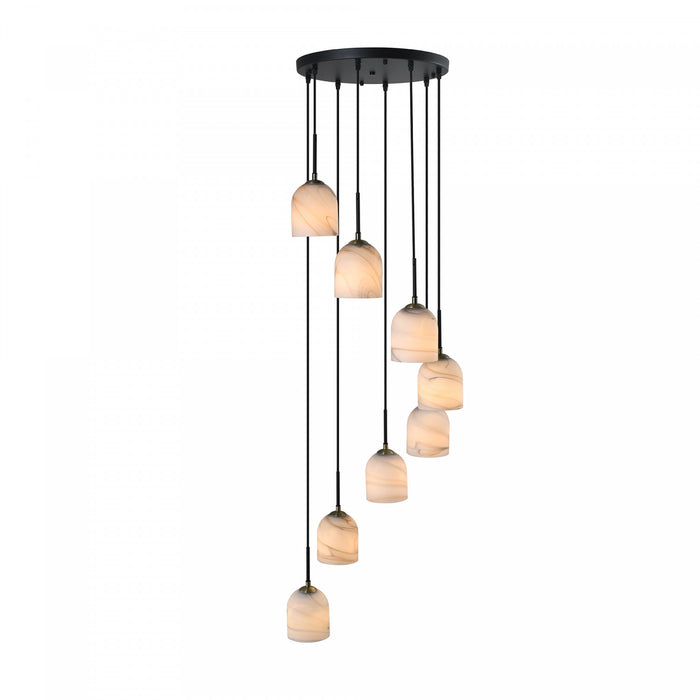 Crema 8 Light Chandelier 18.5\", Black, Brushed Brass With Alabaster Style Glass