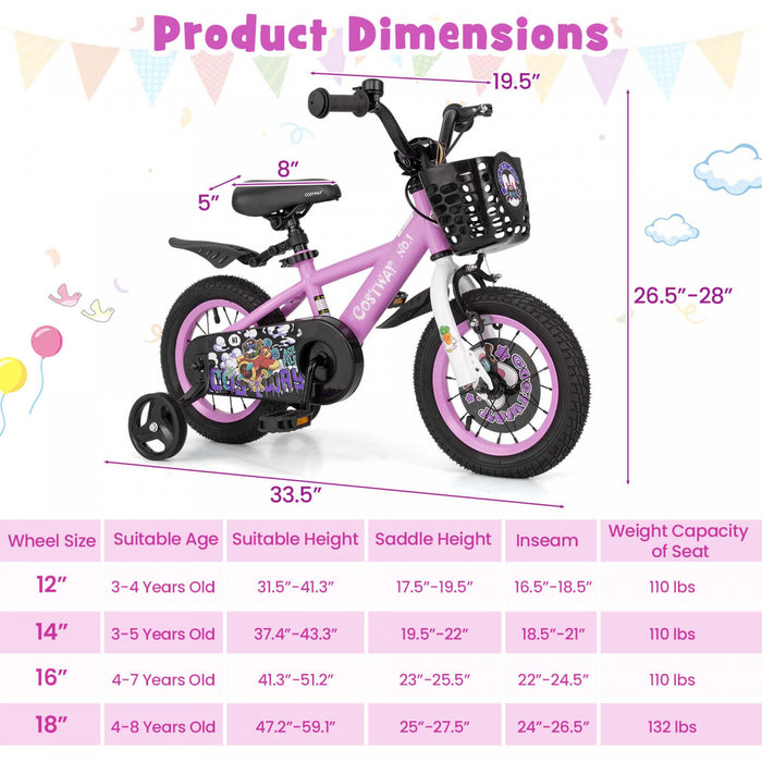 Costway 12\" Kid's Bike For 3-4 With Height-adjustable Handlebar & Saddle Handbrake Purple