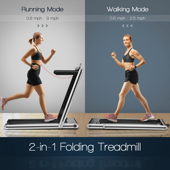 Costway 2-in-1 Folding Treadmill 2.25hp Jogging Machine W/ Dual Led Display Silver
