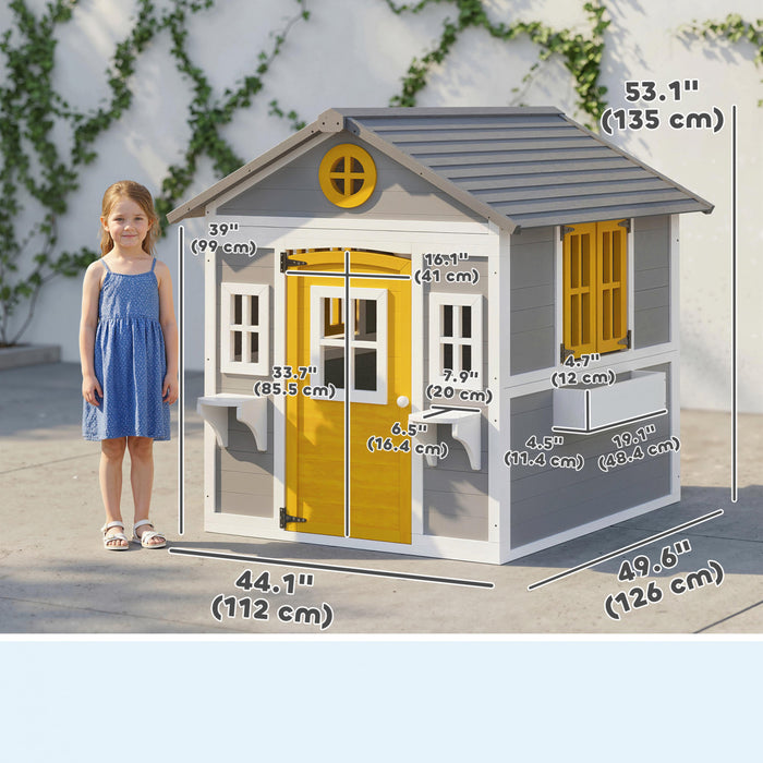 Outsunny Kids Outdoor Playhouse, Wooden Toddlers Large Pretend Play Equipment or Chicken Coop with Door, Windows, Planter Pots for Indoor Playroom, Gift Toys for 3-8 Years, Yellow