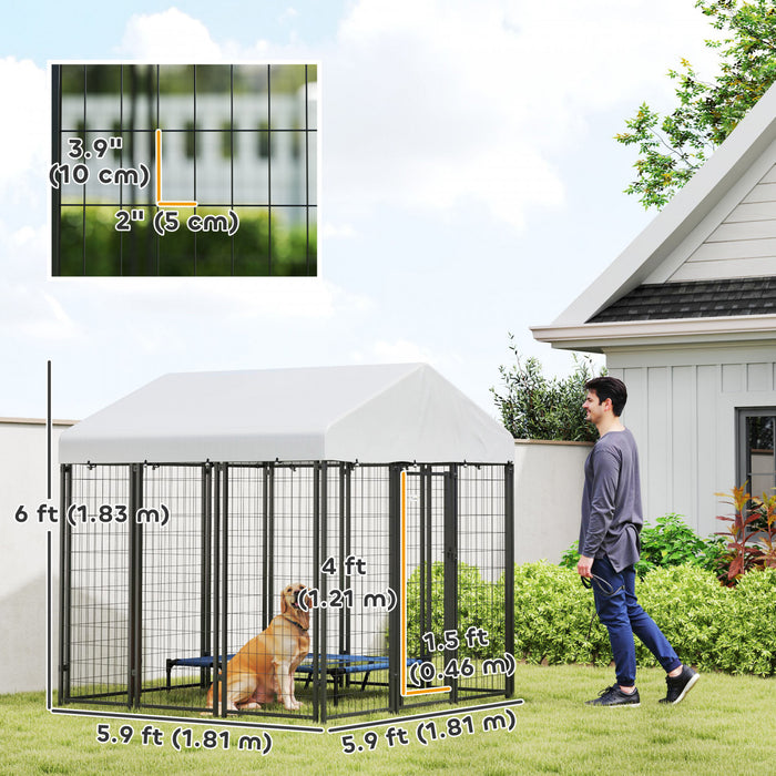 Pawhut 6' X 6' X 6' Dog Run Outdoor, Large Outdoor Dog Kennel Welded Wire Steel Fence With Uv-resistant & Waterproof Cover, Secure Lock, Silver