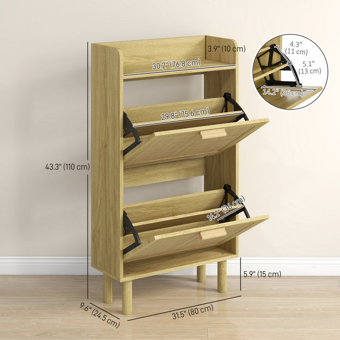 HOMCOM Narrow Shoe Cabinet with 2 Rattan Flip Drawers for 12 Pairs