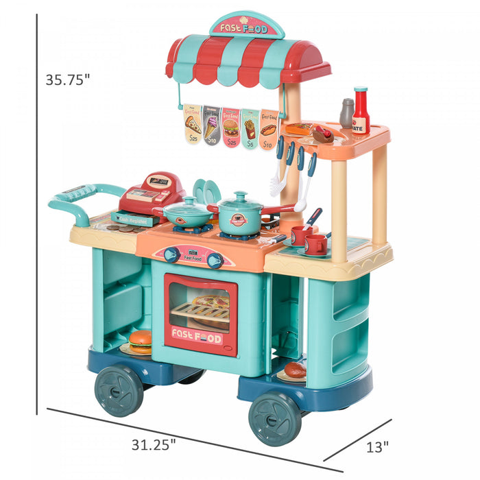 Qaba 50 Pcs Kids Fast Food Shop Cart Pretend Playset Multi-functional Kitchen Supermarket Toys Trolley Set With Play Food Register Accessories Gift For Boys Girls Age 3- 6