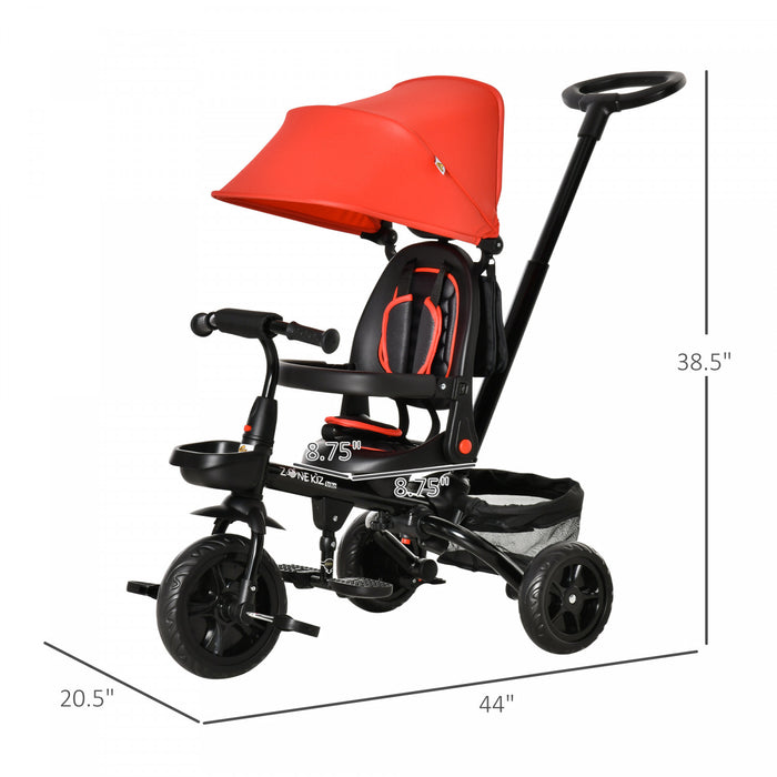Qaba Baby Tricycle 4 In 1 Trike W/ Reversible Angle Adjustable Seat Removable Handle Canopy Handrail Belt Storage Footrest Brake Clutch For 1-5 Years Old Red