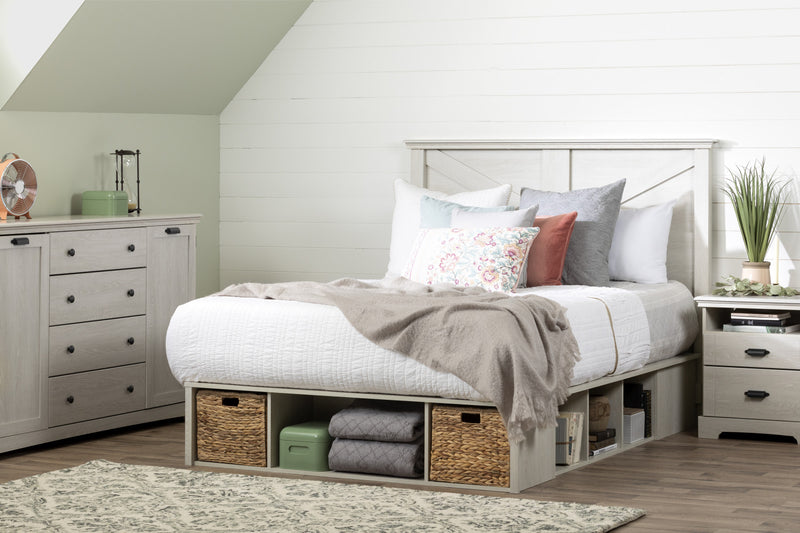 Avilla Storage Platform Bed With Wicker Baskets - Winter Oak 