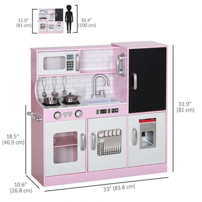 Qaba Play Kitchen For Kids, Kids Kitchen Playset, Pretend Play Kitchen Set With Chalkboard, Ice Maker, Play Phone, Sink, Microwave, 5 Accessories, For Toddlers Ages 3-8 Years