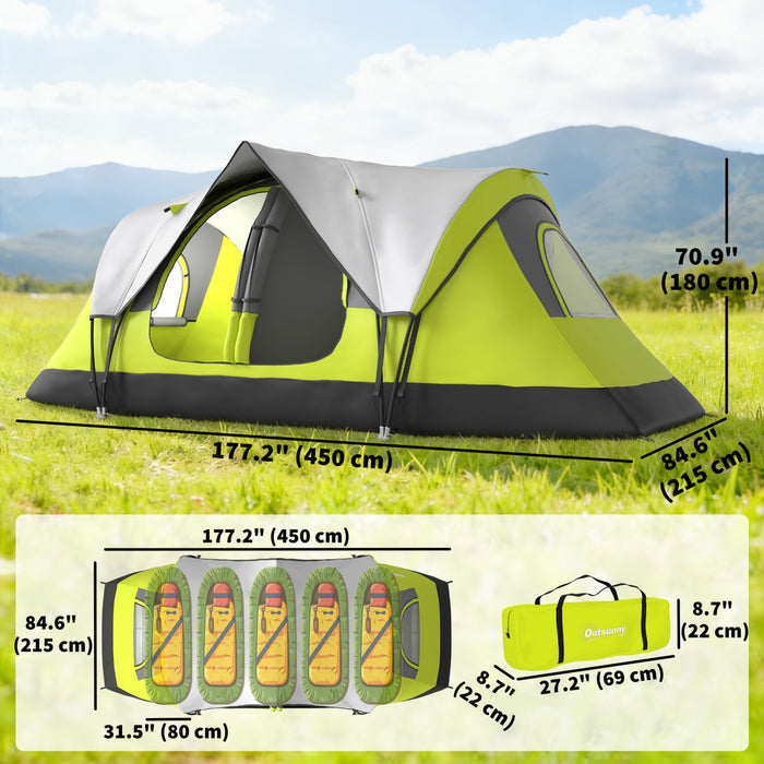 Outsunny Camping Tent, 6 Person Tent with 2 Bedroom, Rainfly, Green