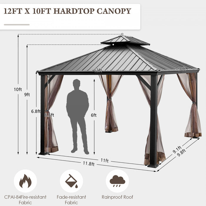 Costway 12ft X 10ft Hardtop Gazebo 2-tier Outdoor Galvanized Steel Canopy Brown