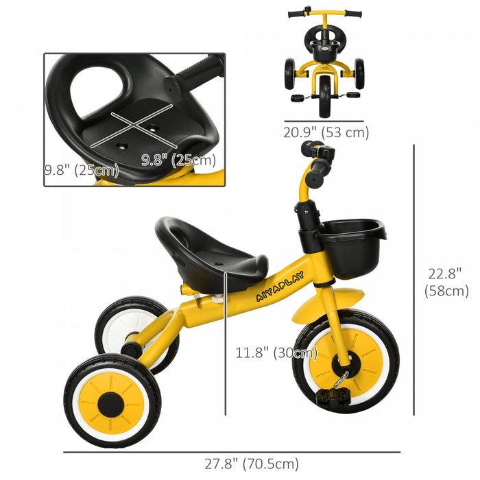Qaba Tricycle For Toddler 2-5 Year Old Girls And Boys, Toddler Bike With Adjustable Seat, Basket, Bell, Yellow