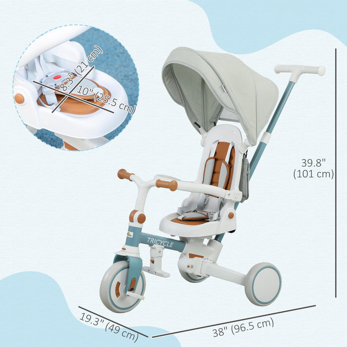 Qaba Toddler Tricycle, 7 In 1 Kids Trike With Adjustable & Removable Parent Handle, Canopy, Safety Harness, Folding Pedal, Storage Bag, Brake, Clutch, For 1-5 Years, Blue
