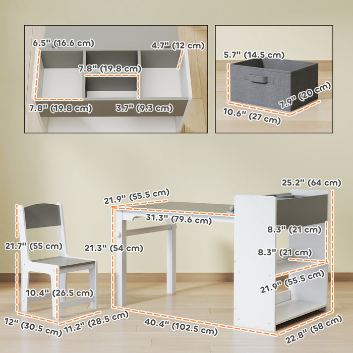 Qaba Kids Table And Chair Set With Paper Roll, Toddler Table And Chair Set With Storage Shelves And Drawers, Art Craft Table For Drawing Writing Aged 3-8 Years, Grey