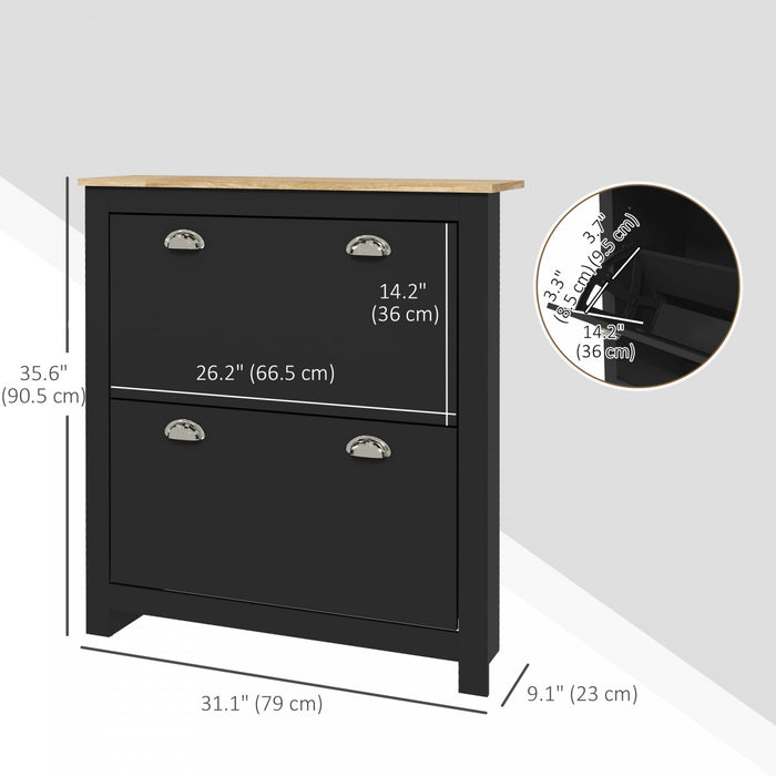 HOMCOM Hallway Shoe Cabinet with 2 Flip Drawers for 12 Pair of Shoes Black