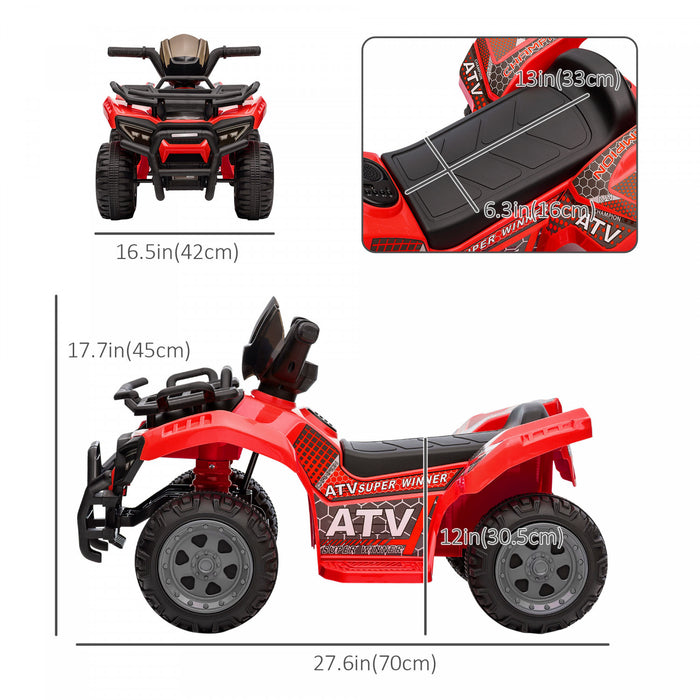 Aosom Kids Powered Ride-On Atv Quad Bike Four Wheeler Car With Music, 6v Battery Powered Motorcycle For 18-36 Months, Red