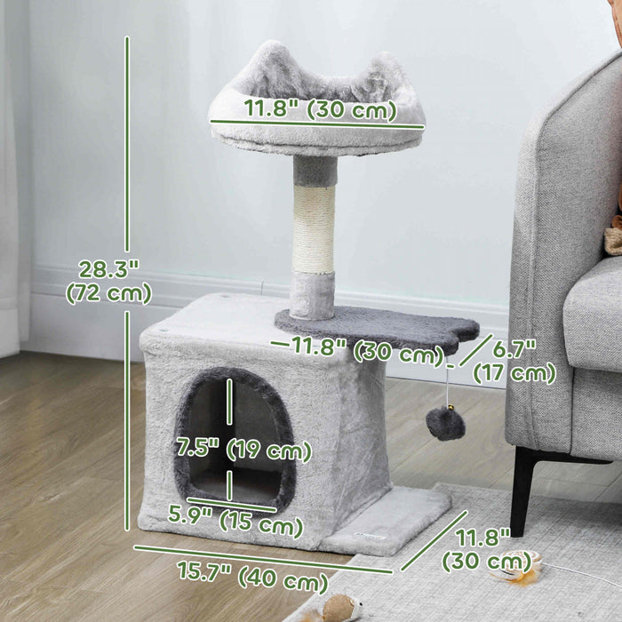 PawHut Cat Tree, 28\" Cat Tower for Indoor Kittens with Plush Top Bed, Cozy Condo, Sisal Scratching Post, Perch, Dangling Ball, Light Grey