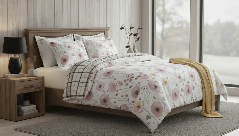Mirabelle Twin Comforter Set - Reversible Pink & Grey Watercolor Floral Bedding 