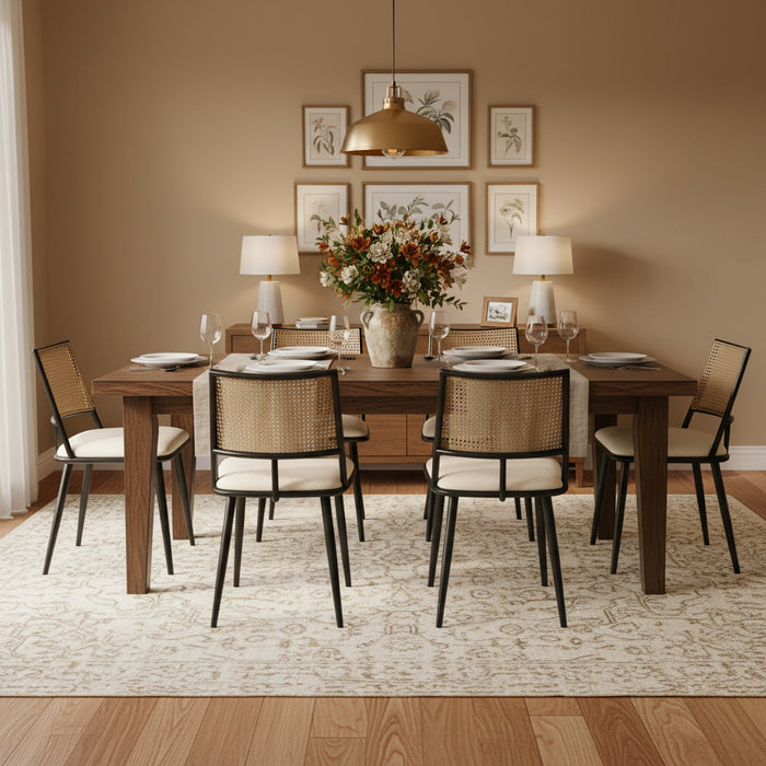 Oliver Modern Dining Chairs with PU Upholstered and PE Rattan Backrest Set of 6,Black