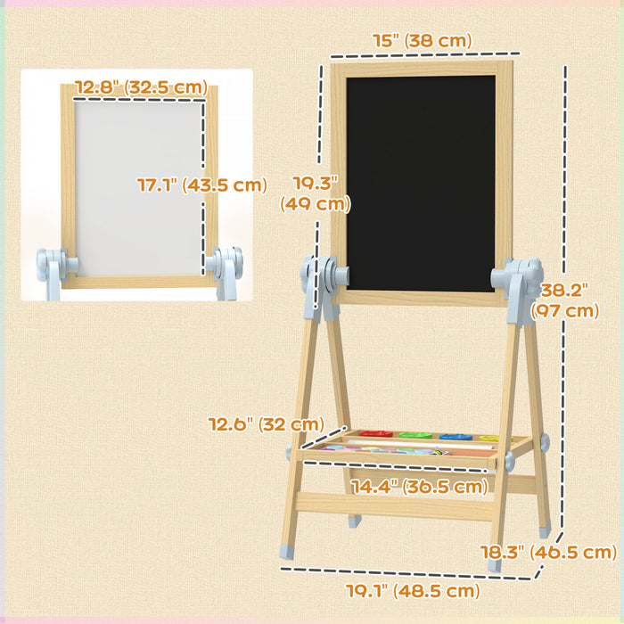 Qaba Wooden Art Easel for Kids, Double Sided Kids Easel with Height Adjustable Chalkboard and Magnetic Whiteboard, Paper Roll, Tray for Boys and Girls, Natural