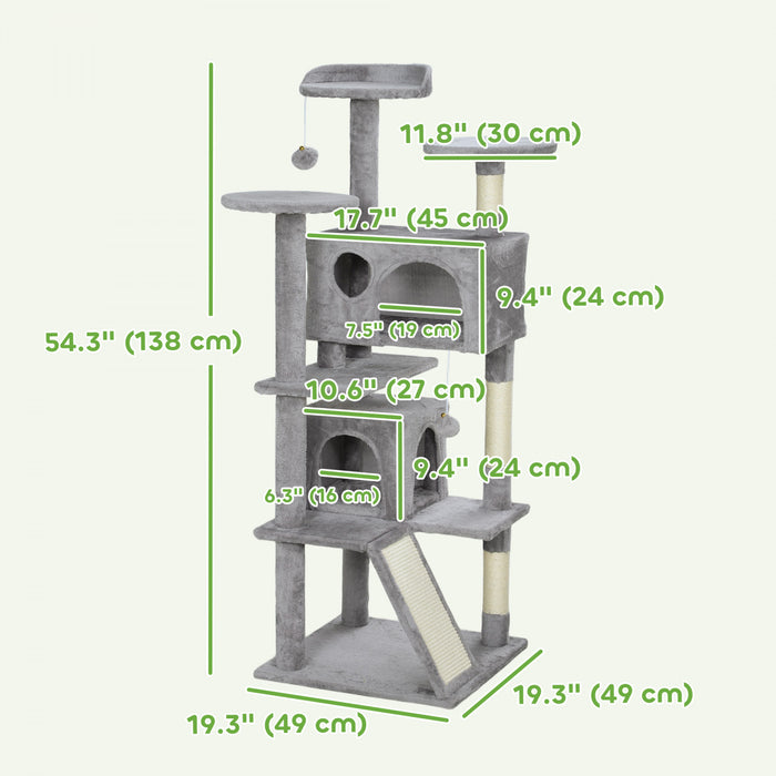 Pawhut 54\" Cat Tree, Cat Tower For Indoor Cats With Scratching Posts, Cat Condos, Bed, Platforms, Ramp, Toy Ball, Cat Activity Center, Light Grey