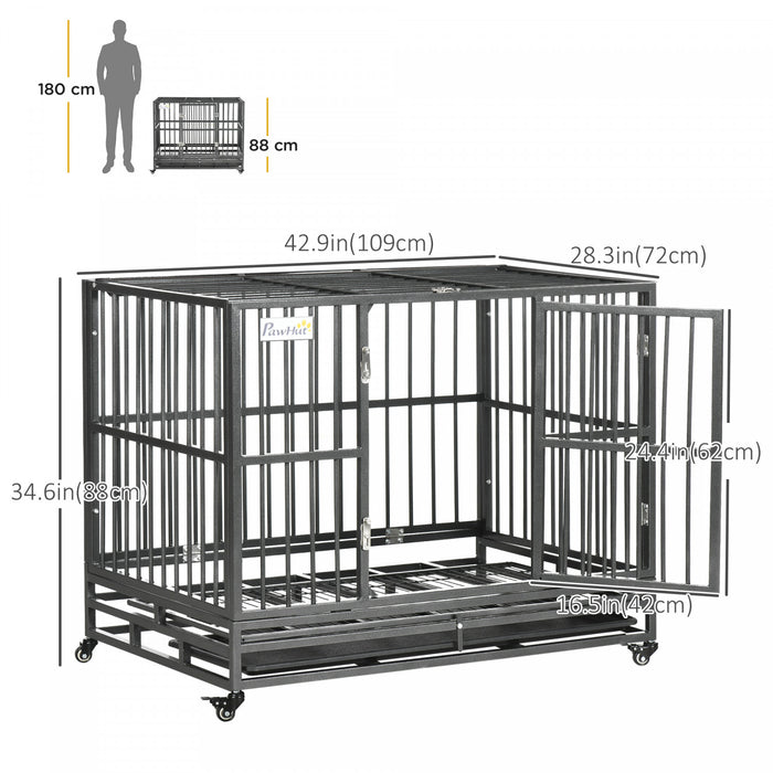 Pawhut Heavy Duty Steel Dog Crate Kennel Pet Cage With Wheels For Portability And A Door For Convenient Access Anti-pinching Floor, 36.2\" L X 24.4\" W X 30.7\" H, Grey