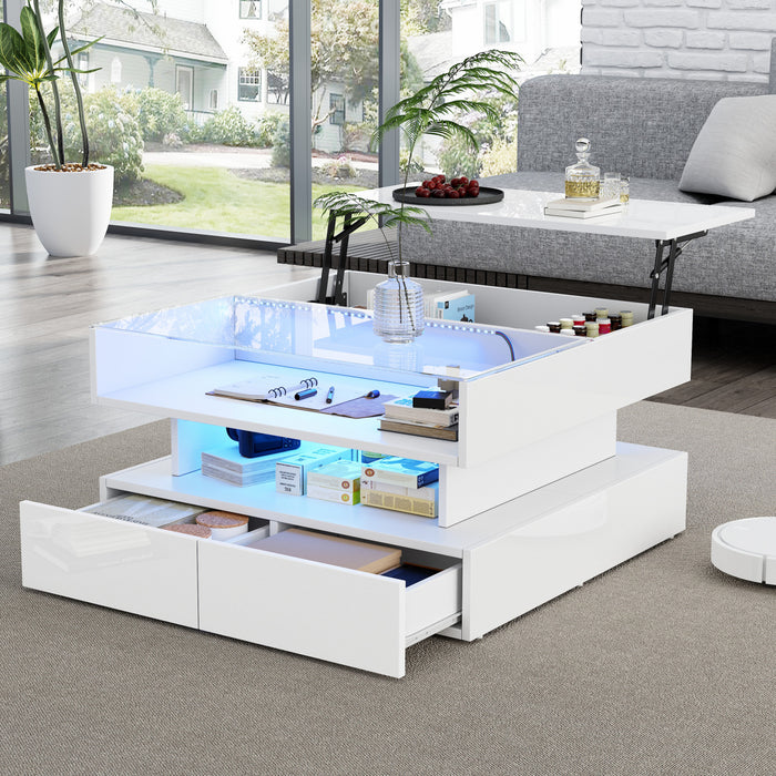 Oliver Lift-Top Coffee Table with LED Lighting and Glass Tabletop,White