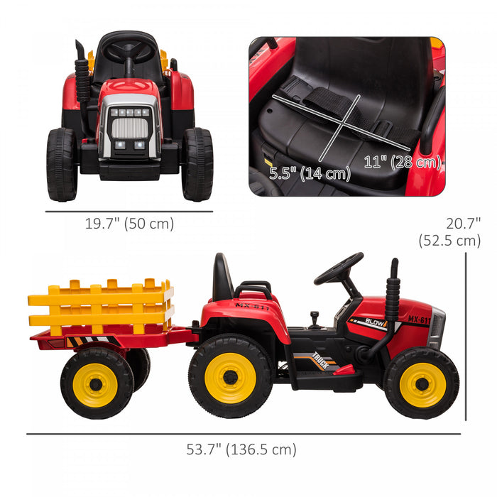 Aosom 12v Kids Powered Ride-On Tractor With Trailer, Battery Powered Electric Tractor With Remote Control, Music Start Up Sound And Horn, Usb, Led Lights, Red