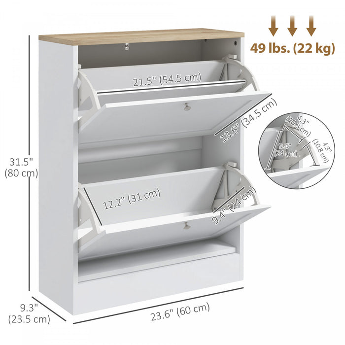 HOMCOM Slim Shoe Cabinet with 2 Flip Drawers Adjustable Shelves White