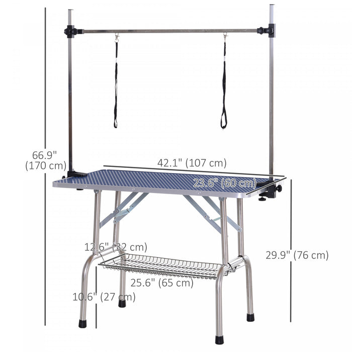Pawhut Adjustable Dog Grooming Table Rubber Top 2 Safety Slings Mesh Storage Basket Heavy Metal Blue 42.25\"x 23.5\" X 67\"