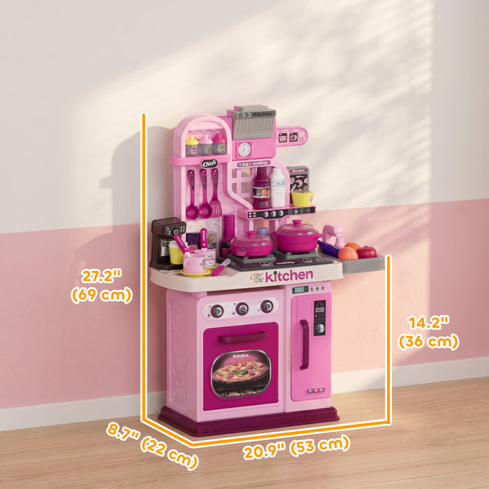 Qaba Play Kitchen, Kids Kitchen Playset Toy Kitchen with Lights, Sounds, 33 Accessories, Storage, Interactive Playset for Toddler 3-6 Years, Pink