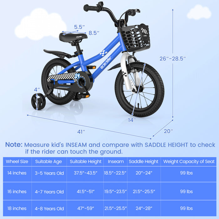 Costway 14\" Kid's Bike W/ Removable Training Wheels & Basket For 3-5 Years Old Blue