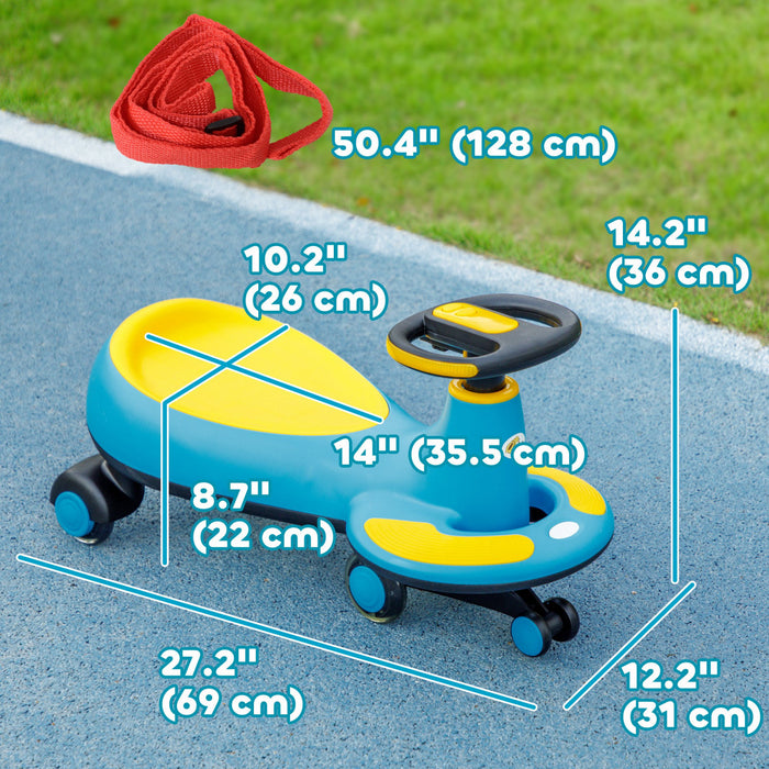 Qaba Wiggle Car For Toddlers 2-6 Years, Kids Swing Car W/ Parent Traction Rope, Music, Light, Ride On Car No Batteries, Gears Or Pedals, Twist, Turn, Wiggle Movement To Steer, Blue